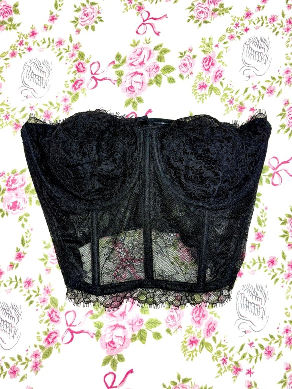 💋VICTORIA SECRET Dream Angel Lace Bustier Corset Black Sheer Boned Coquette 34DD